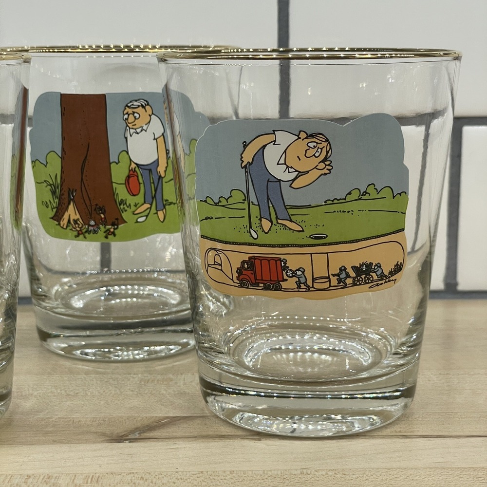 Vintage Ashby Glasses 8pc Golf Funny Cartoon Low Ball Whiskey Man's Cave Decor